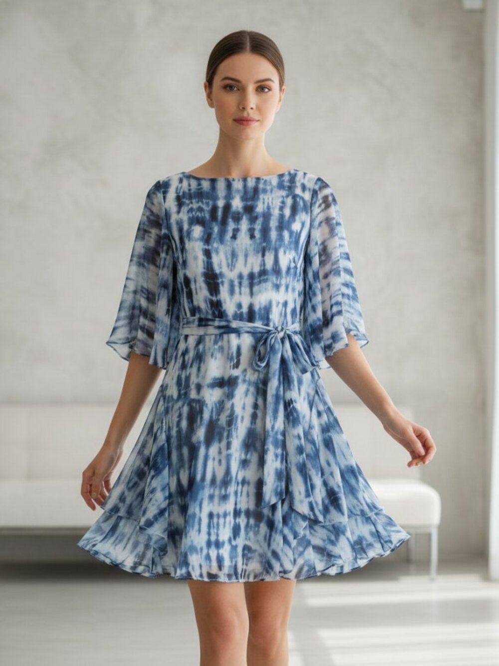 Ralph Lauren Dress Blue Tie Dye Georgette Flutter Sleeve Ruffle Boho Chic Size 4